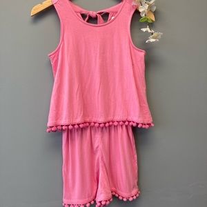 Crown & Ivy Girls Youth Romper Shorts Pink Pom Poms Sleeveless Size Medium [ff]